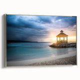Framed canvas depicting a vintage-style Jamaican landscape in muted earth tones, ideal for bedroom wall art.