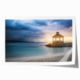 Rolled print of a Caribbean scenery with lush greenery and ocean view, in vibrant colors, suitable for dining room wall art.