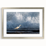 Extra large abstract art print depicting textured Caribbean scenery in cool blue and green tones, framed in silver.