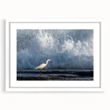 Textured abstract art print depicting a Caribbean landscape in muted blue and green tones, framed with a white mat.