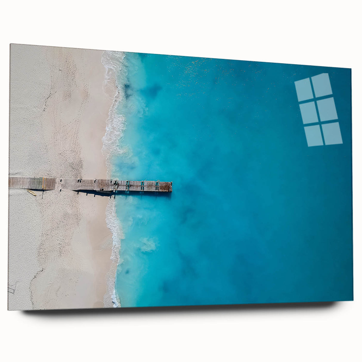 Large abstract wall art of Caribbean scenery in vibrant blue and green hues on acrylic glass.