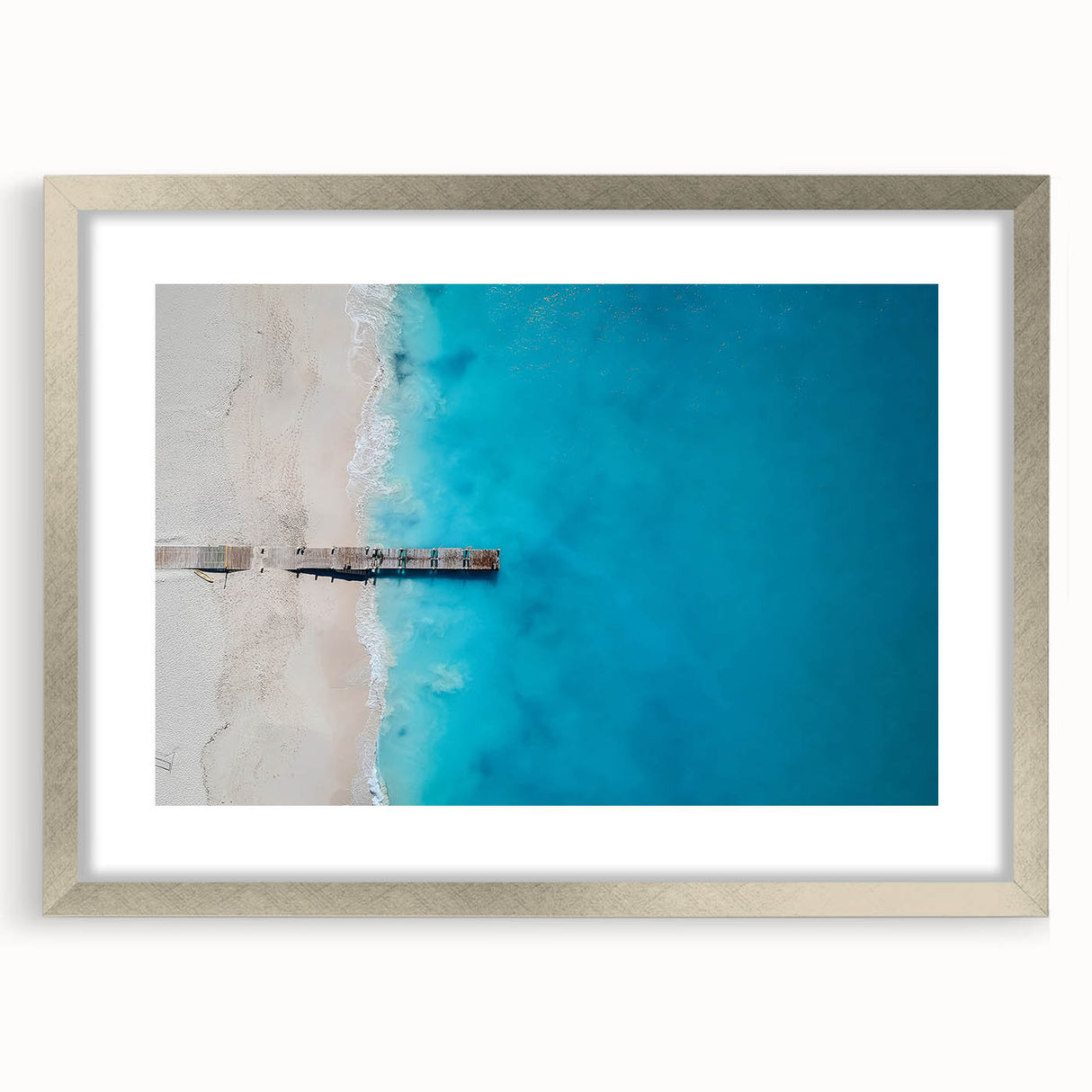 Extra large abstract art print of Caribbean scenery in textured style, with vibrant blue and green hues, framed in silver.