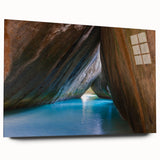 Large abstract wall art of Caribbean Virgin Islands in vibrant blues and greens on acrylic glass.