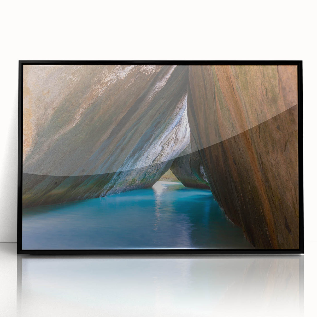 Large abstract wall art depicting the Caribbean Virgin Islands in vibrant blue and green tones, framed in black acrylic.