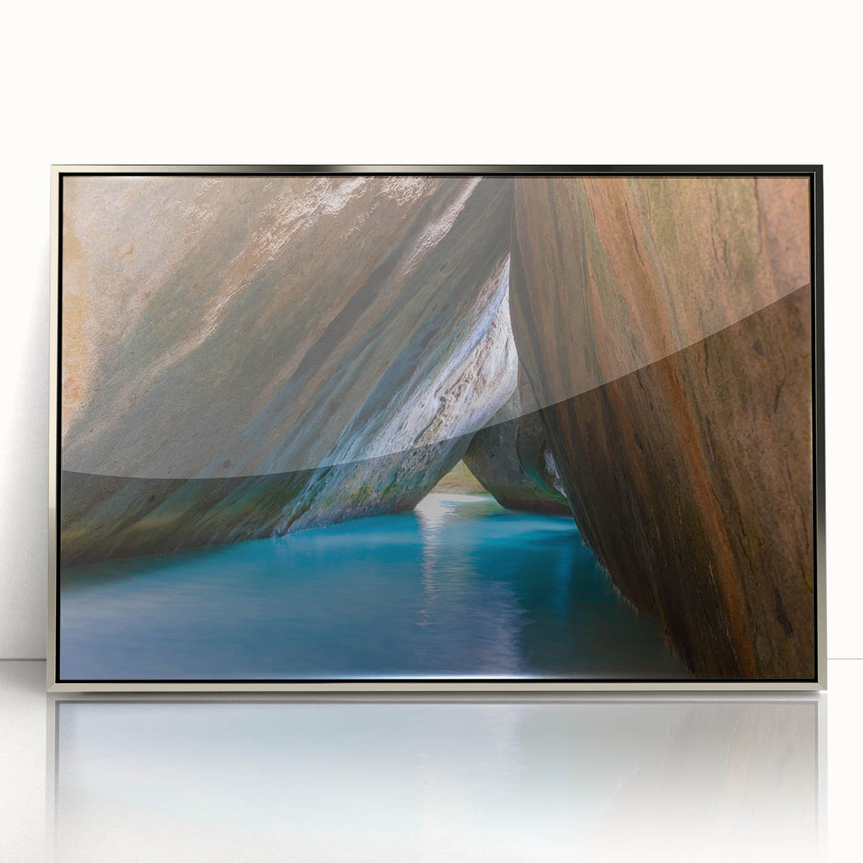 Acrylic print of a Caribbean Virgin Islands scenery in pastel shades, framed in silver, suitable for modern art wall decor.
