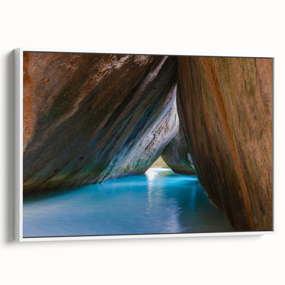 Vintage poster art of the Caribbean Virgin Islands on a framed canvas, featuring vibrant colors, ideal for living room decor.