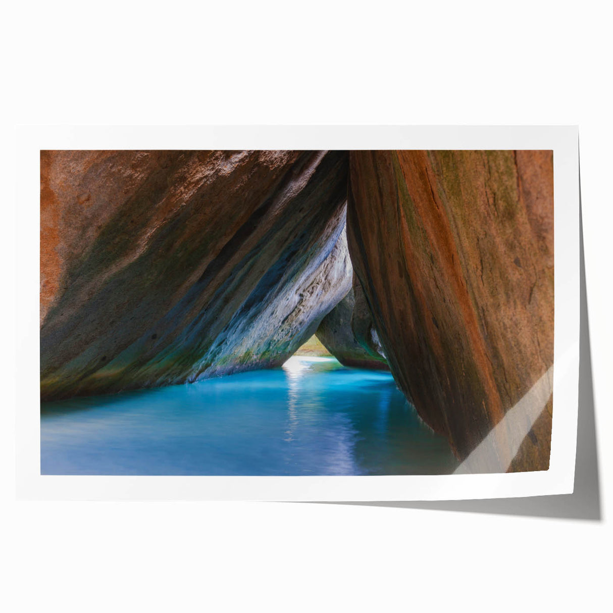 Caribbean Virgin Islands landscape on rolled print, featuring serene blue water and lush greenery.