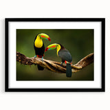 Colorful abstract art print of Central American scenery in vibrant hues on textured canvas, framed in black.