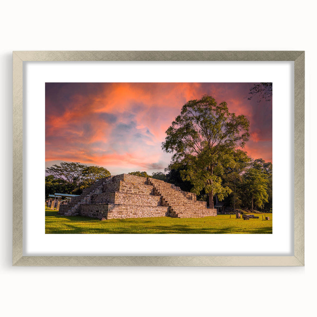 Textured abstract art print of Central American scenery in silver frame, ideal for bedroom wall decor.