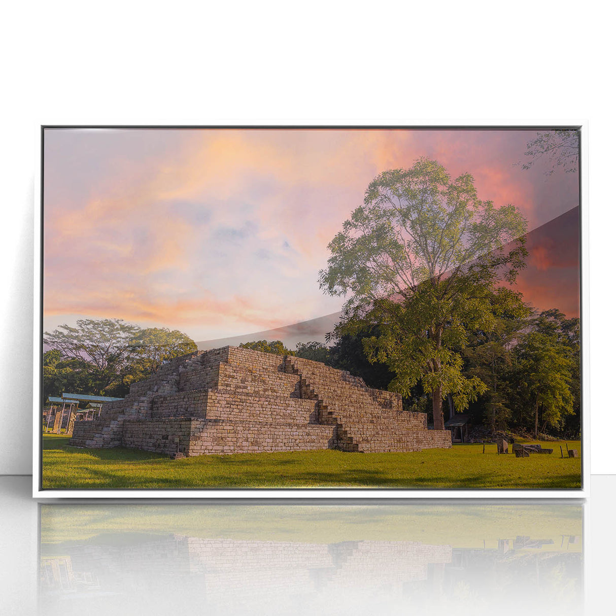 Art deco poster featuring a serene Honduran landscape in muted green and blue tones, framed in white acrylic.