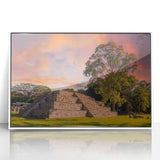 Art deco poster featuring a serene Honduran landscape in muted green and blue tones, framed in white acrylic.