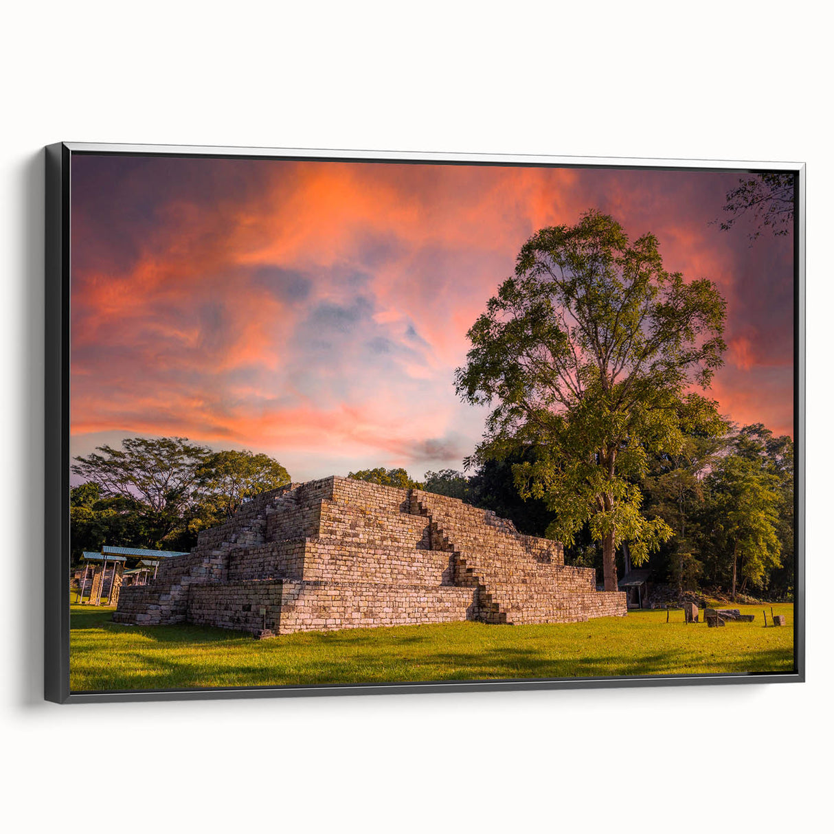 Black and white vintage poster art of a Central American landscape on a framed canvas, suitable for bedroom decor.