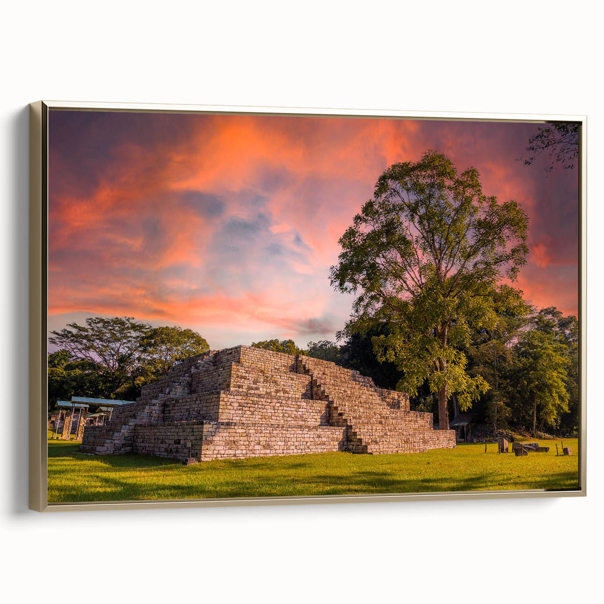 Framed canvas depicting a vintage-style landscape of Honduras with a black and gold color scheme.