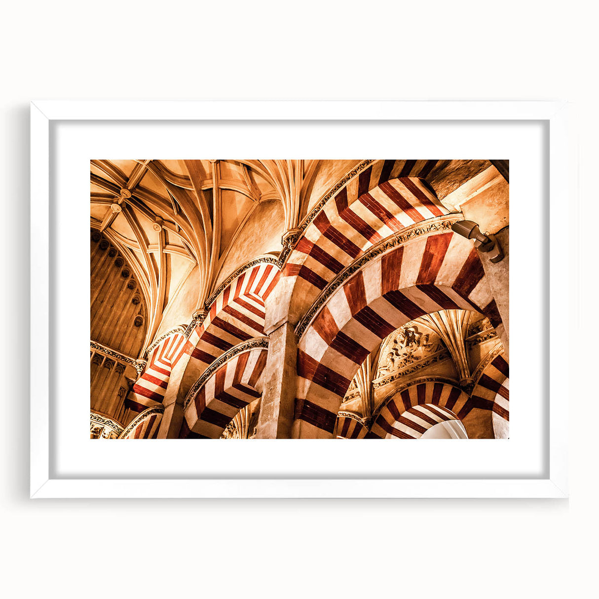 Abstract art print depicting a vibrant scene of Central America in a white-framed mat, suitable for dining room decor.