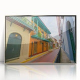 Mid-century modernist art depicting the Central American Panama scenery in muted earth tones on a silver-framed acrylic…