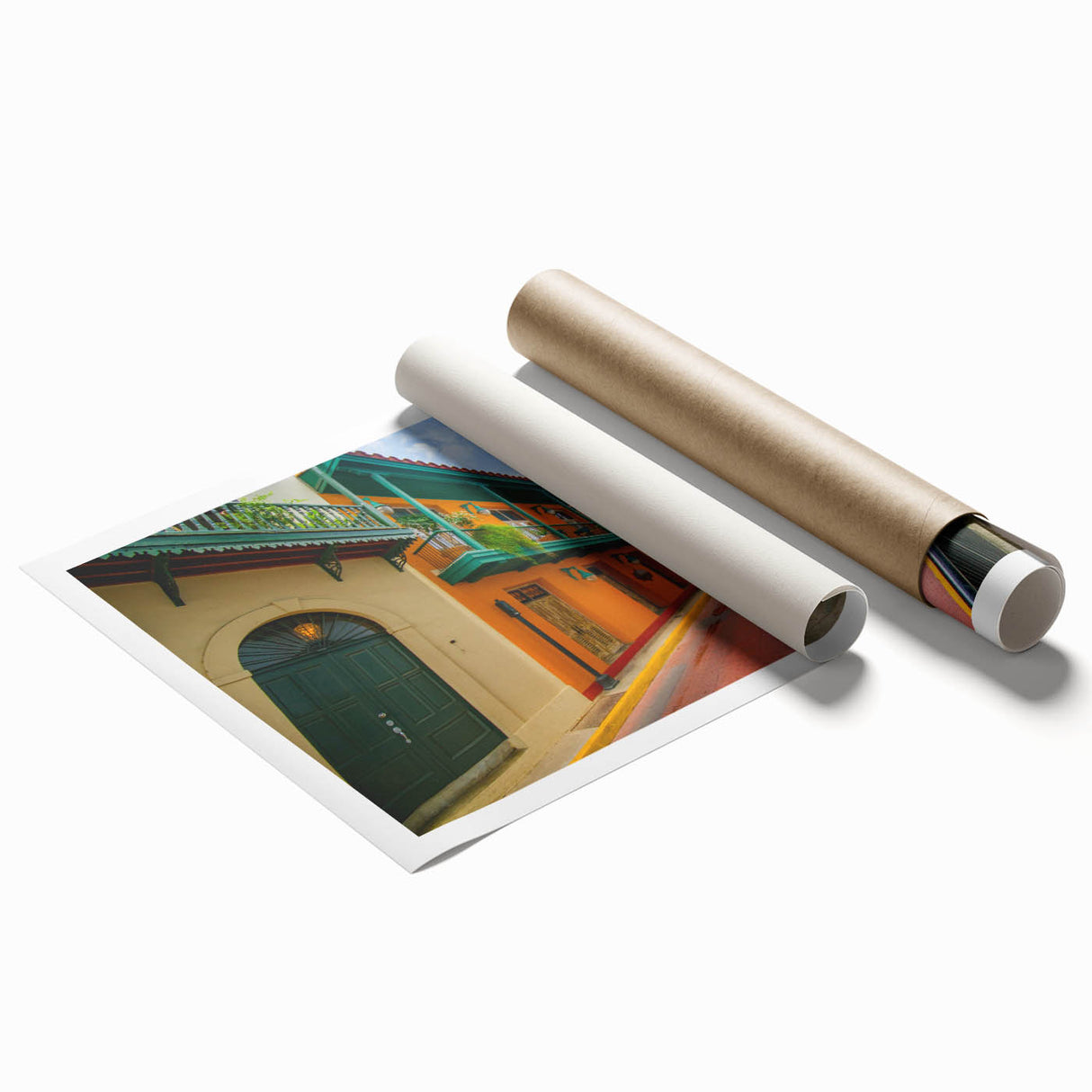 Extra large rolled print of a Central American scenery with lush florals, ideal for classy bathroom wall art.