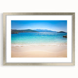 Extra large abstract art print of a textured European landscape in muted earth tones, framed in silver.