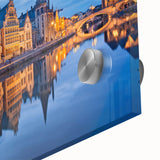 Large abstract wall art of a European scenery in muted earth tones on acrylic glass, ideal for dining room art.