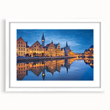 Textured abstract art print of a European scenery in muted earth tones, framed with a white mat, suitable for bedroom decor.