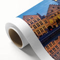 Art Deco style poster of a European scenery in muted tones on rolled canvas, ideal for nursery wall art.