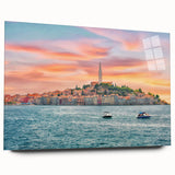 Large abstract wall art depicting a scenic European landscape, in vibrant blues and greens, printed on acrylic glass.