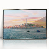 Acrylic print of a Croatian landscape in muted earth tones, framed in silver, suitable for modern art wall decor.