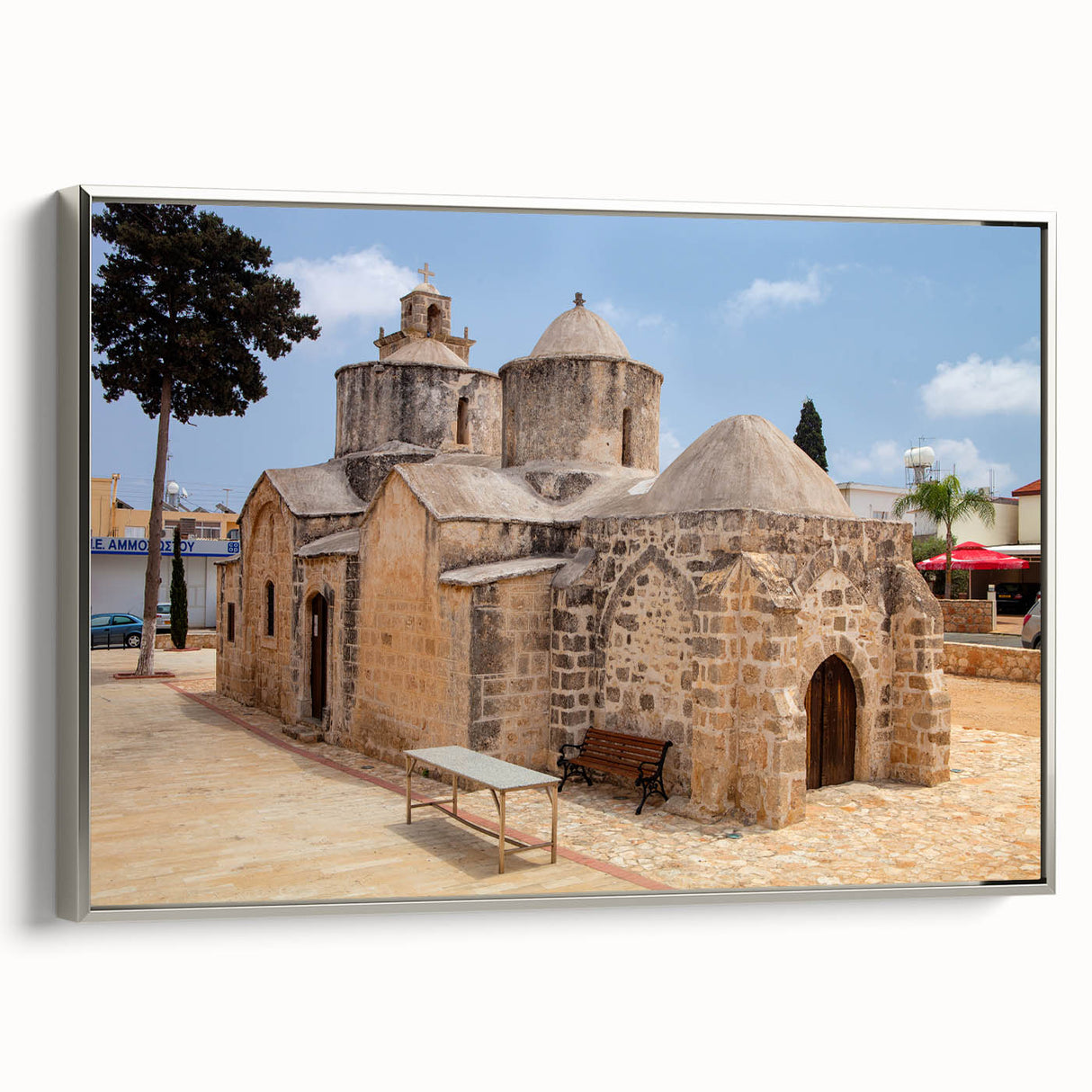 Landscape art painting of a European Cyprus scenery on framed canvas, featuring vibrant colors and vintage poster art style.