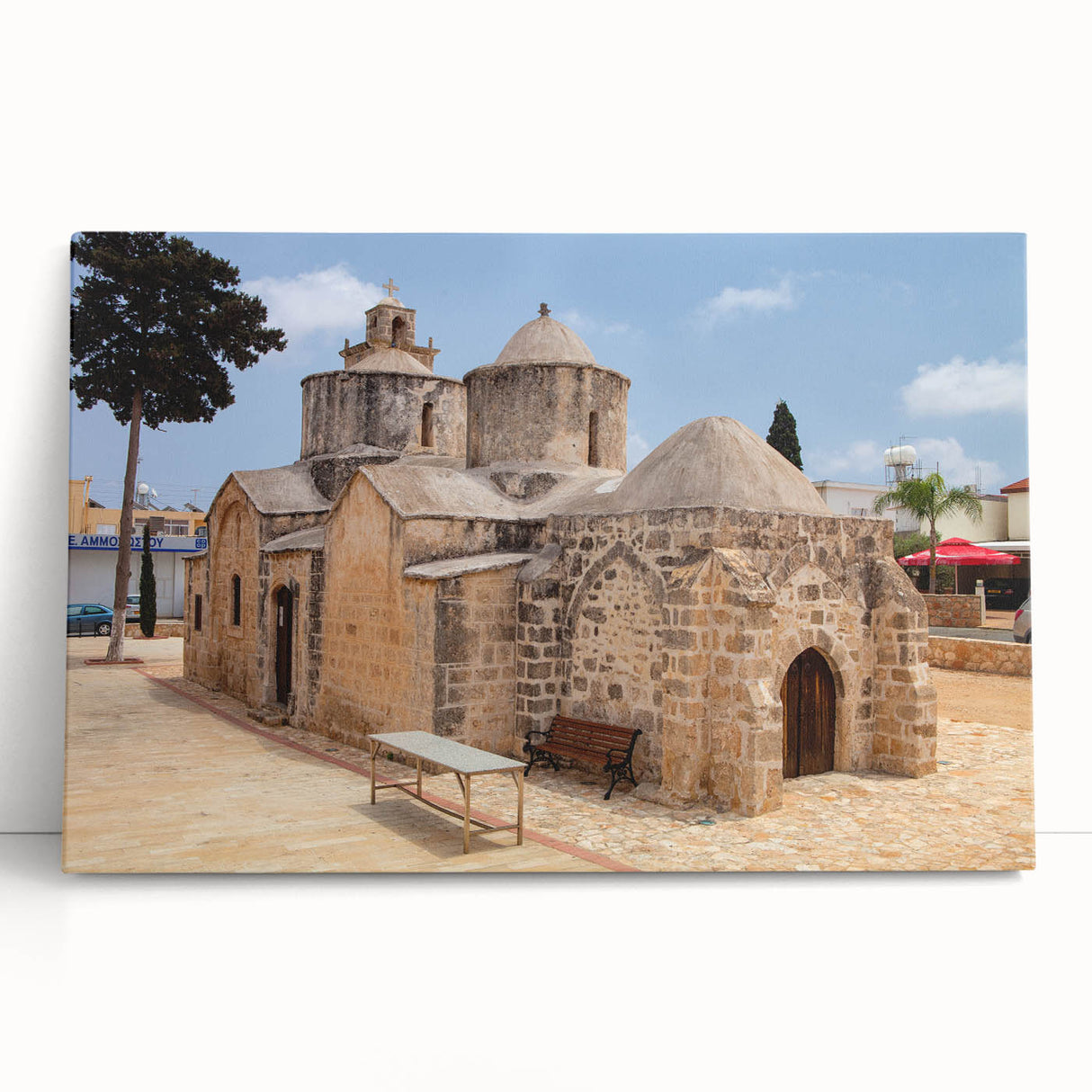 Black and white photo of a European street scene on stretched canvas, ideal for kitchen wall art.