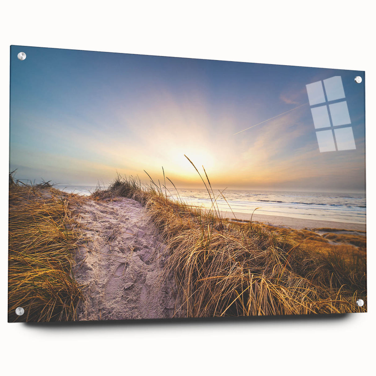 Large abstract wall art depicting a European Denmark scenery in muted earth tones on acrylic glass.