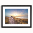 Extra large abstract art print of colorful European scenery on textured canvas, framed in black.