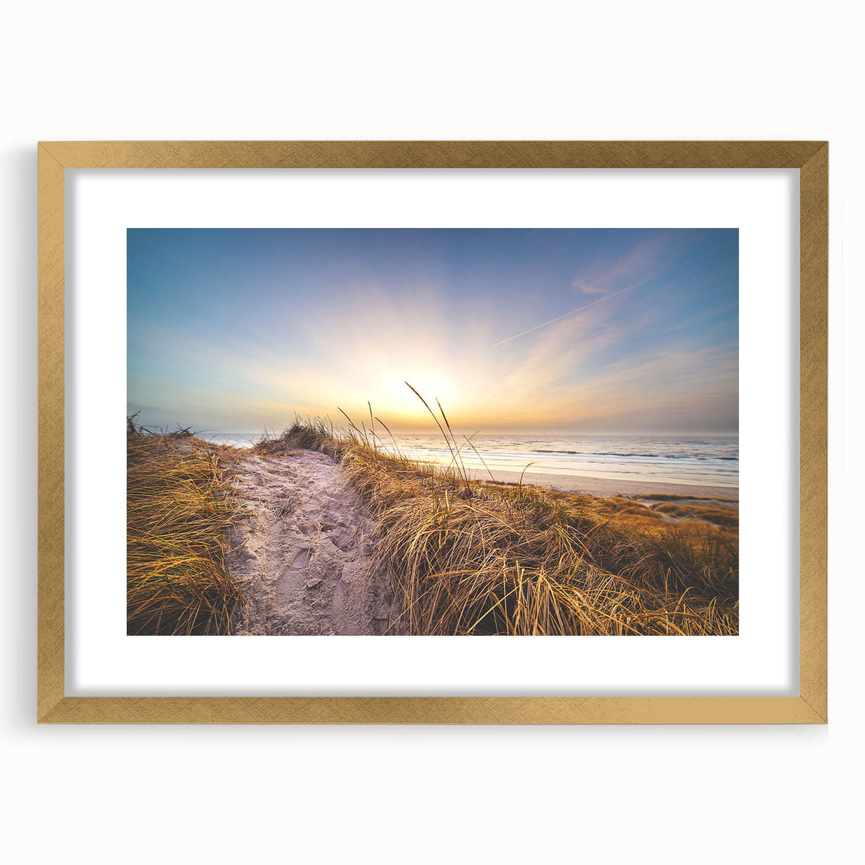 Abstract art print of a European scenery in muted earth tones, framed in gold, ideal for dining room decor.