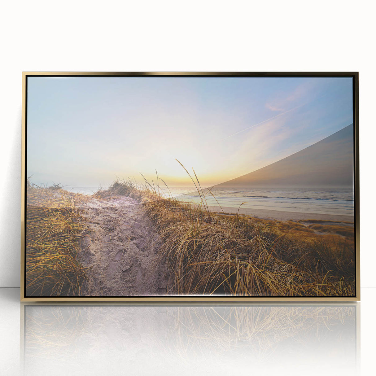 Art deco poster of a European landscape, rendered in muted gold and blue tones, acrylic print framed.