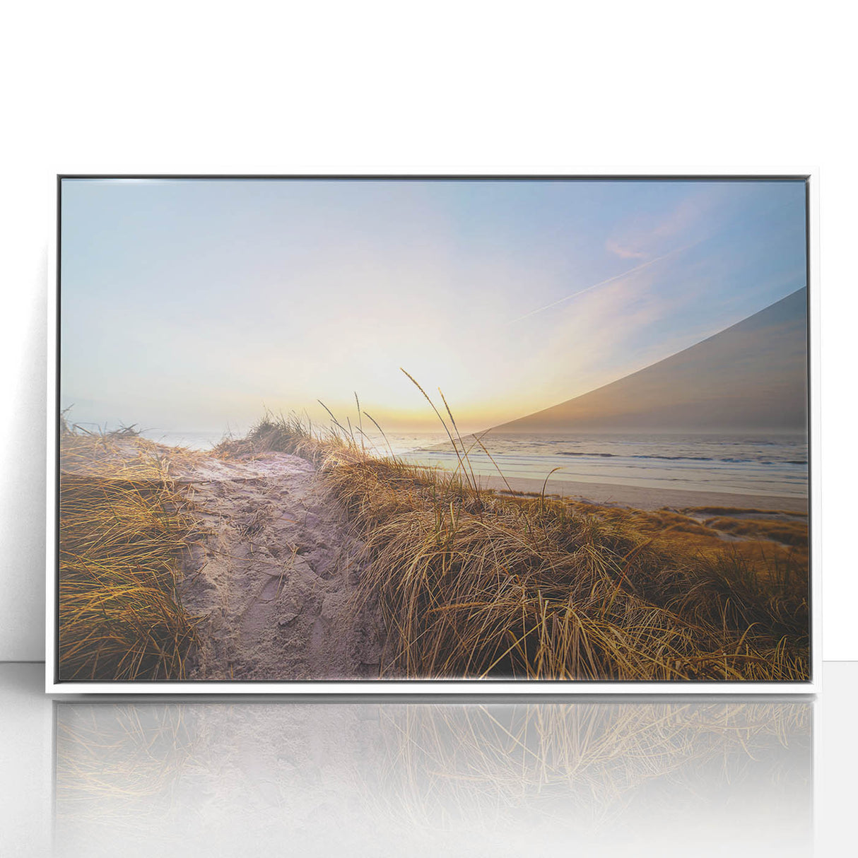 Mid-century modernist art depicting a serene Danish landscape in muted colors on a framed acrylic.