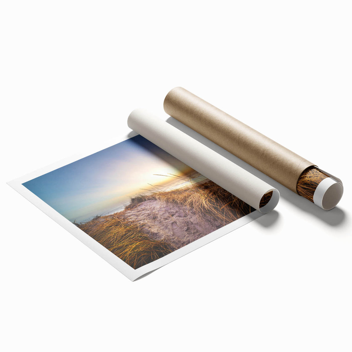 Rolled print of a Danish landscape featuring subdued floral elements in soft earth tones.