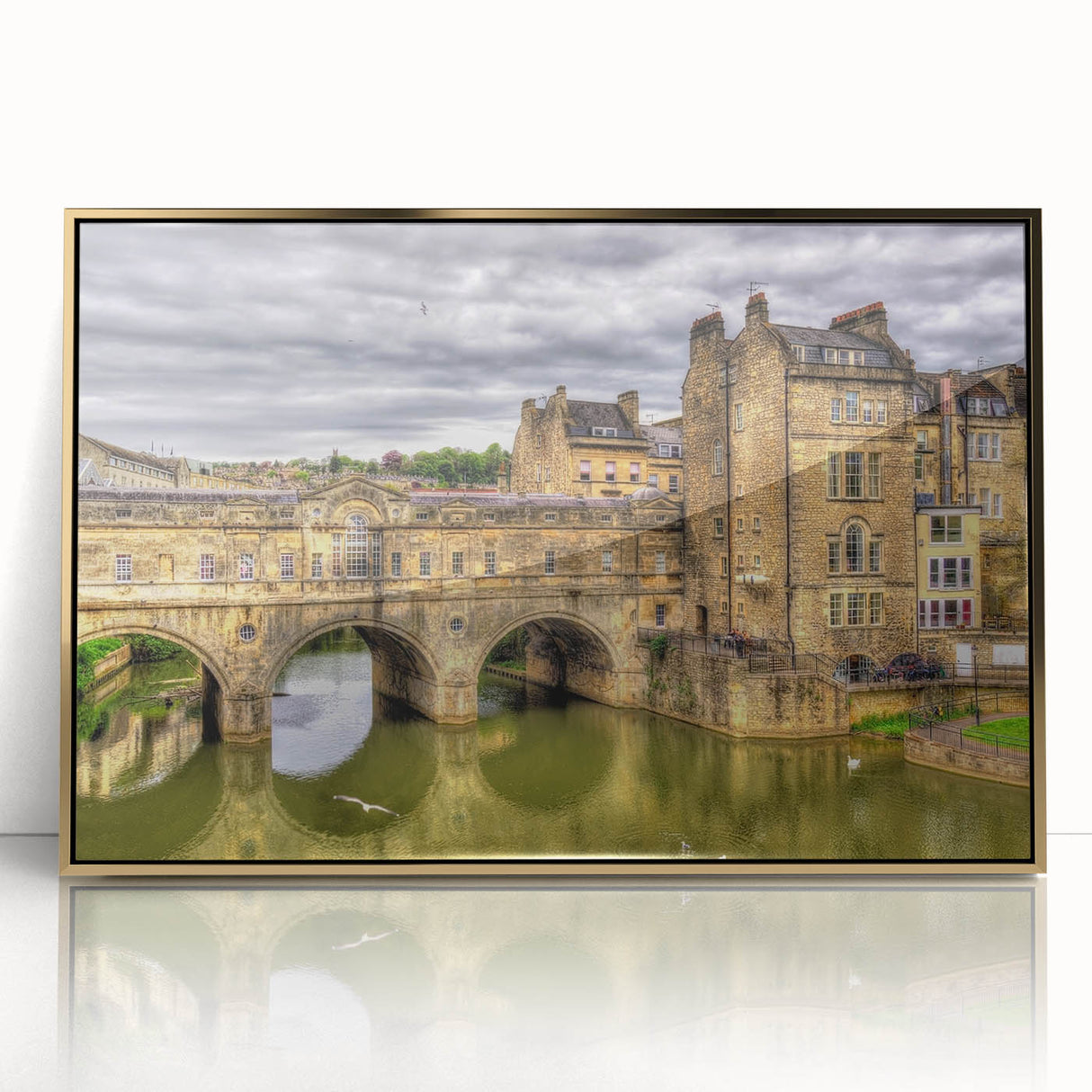 Art deco poster of Bath, England scenery in acrylic frame with gold tones, ideal for modern art wall decor.
