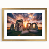 Abstract art print of Stonehenge in muted earth tones on a framed gold mat, suitable for bedroom or dining room decor.