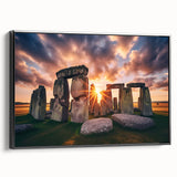 Black and white framed canvas of Stonehenge landscape, ideal for bedroom wall art in a vintage poster style.