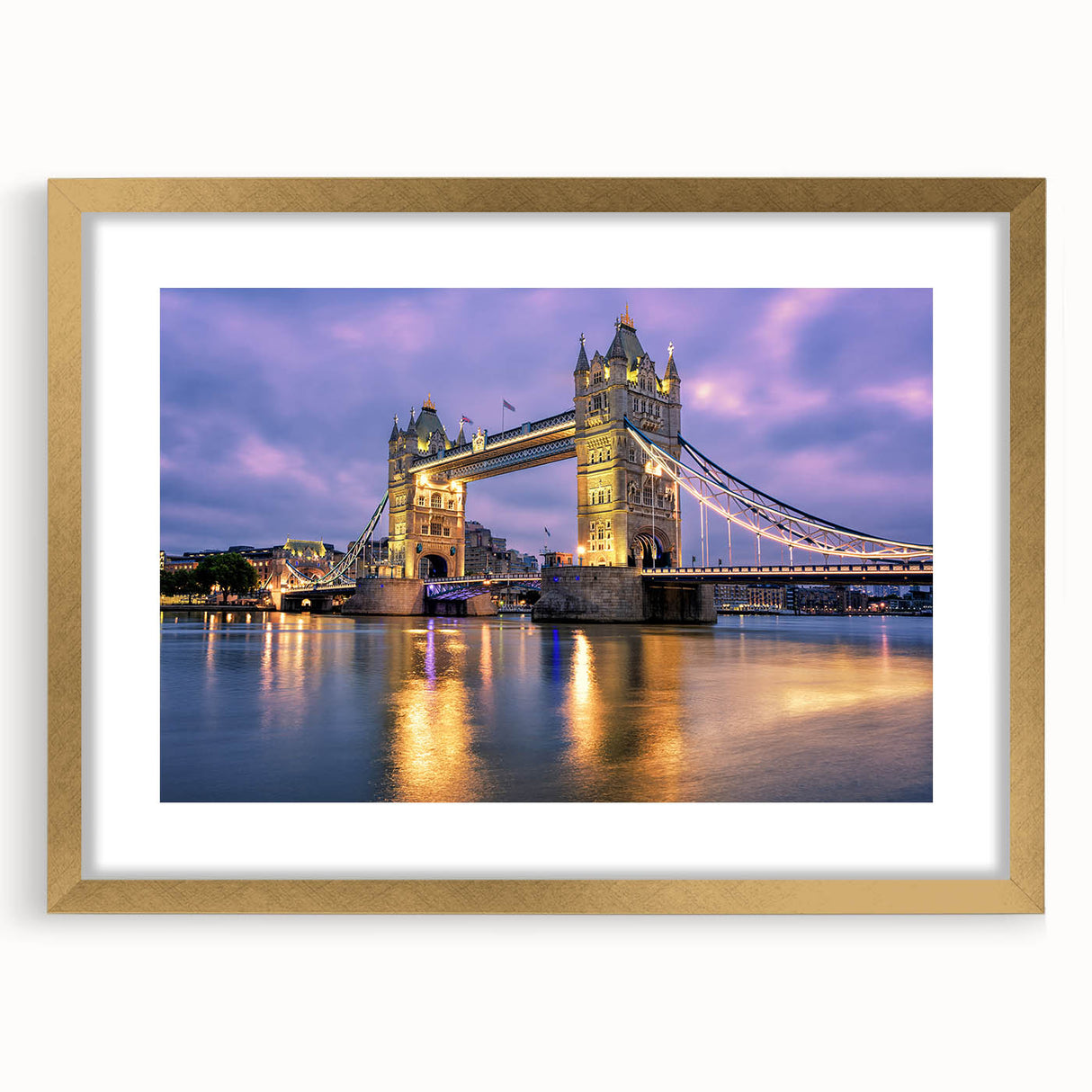 Abstract art print of the Tower Bridge in muted gray and blue tones on a framed gold mat, ideal for dining room decor.