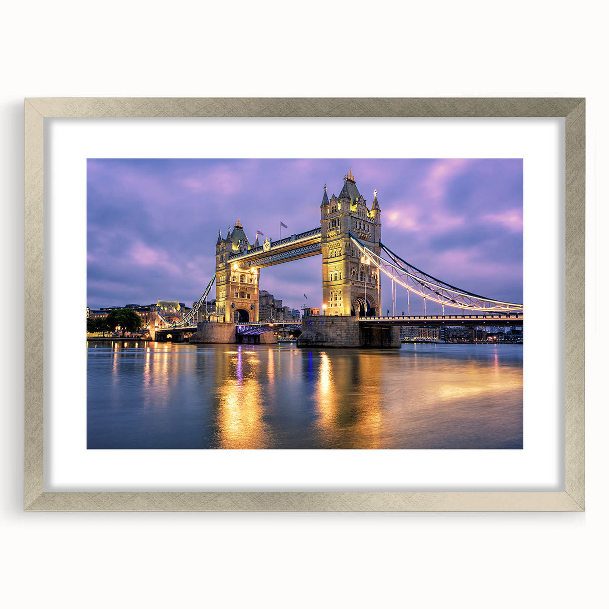 Extra large abstract art print of Tower Bridge with textured details in muted tones on a silver framed canvas.