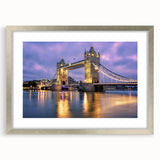 Extra large abstract art print of Tower Bridge with textured details in muted tones on a silver framed canvas.