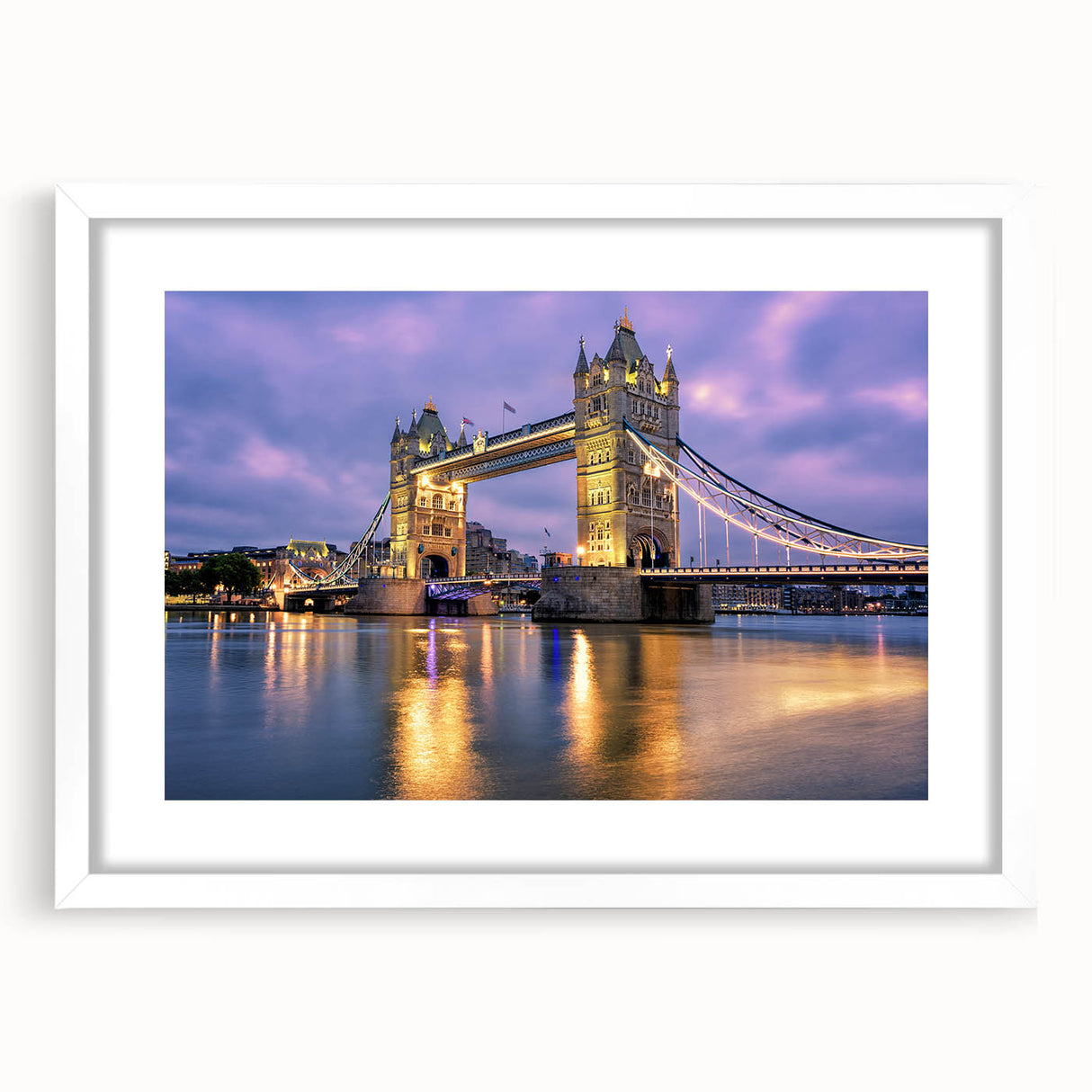 Textured art print of London's Tower Bridge in muted gray and blue tones, framed in white, ideal for bedroom art.