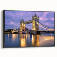 Black and white framed canvas of Tower Bridge, London in vintage poster style, suitable for bedroom wall decor.