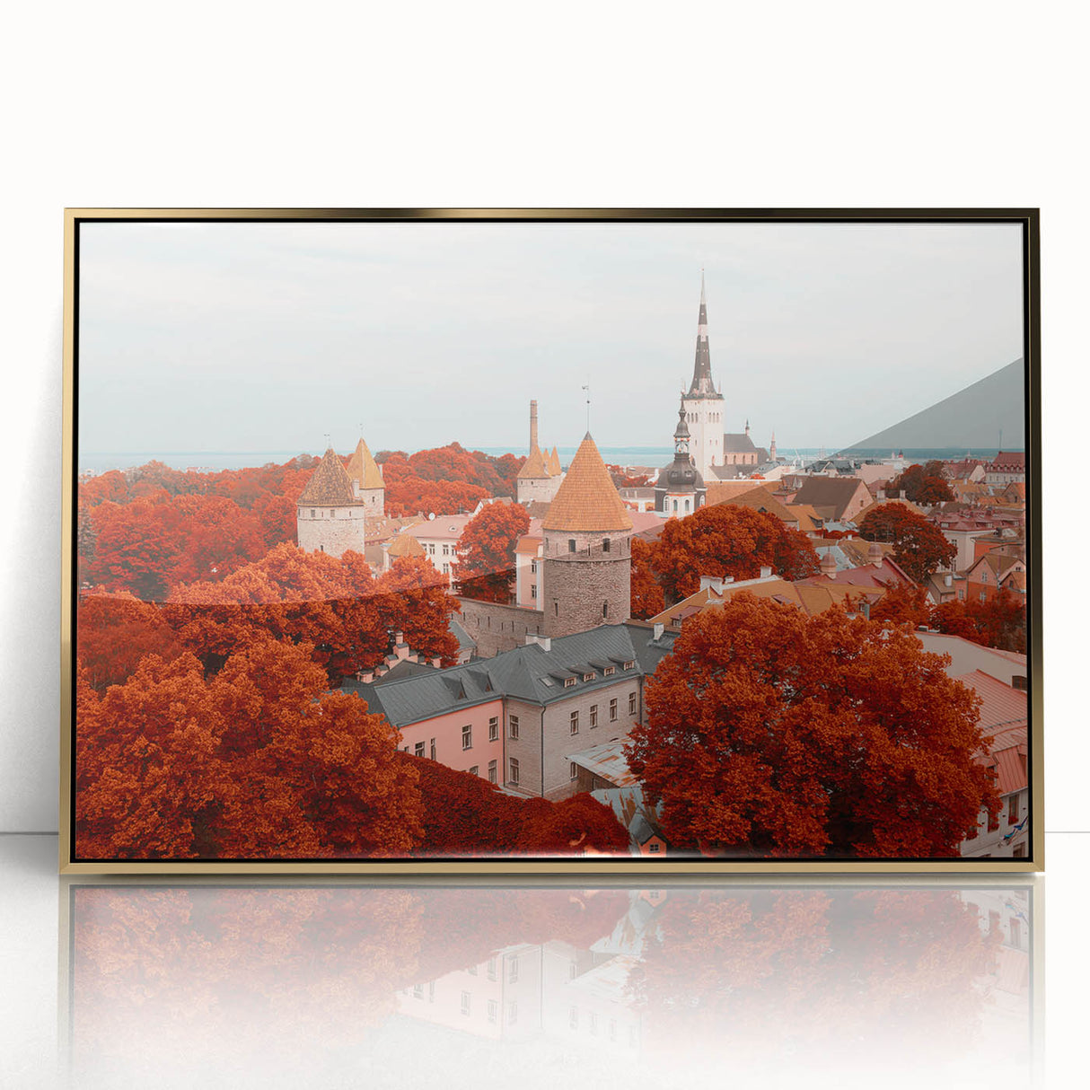 Art deco style poster featuring a serene European landscape in muted gold and blue tones.