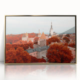 Art deco style poster featuring a serene European landscape in muted gold and blue tones.