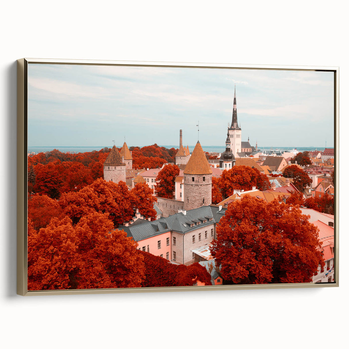 Framed canvas vintage poster art of an Estonian landscape in black and gold, ideal for bedroom wall decor.