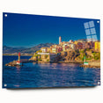 Large abstract wall art of a Corsican landscape in muted earth tones on acrylic glass.