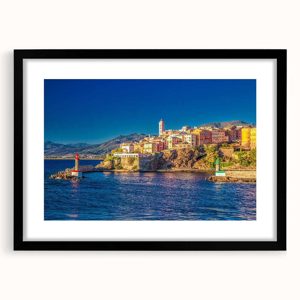 Colorful abstract art print of a Corsican landscape in vibrant hues on a large framed canvas, ideal for living room decor.