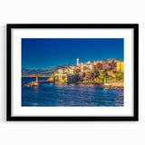 Colorful abstract art print of a Corsican landscape in vibrant hues on a large framed canvas, ideal for living room decor.