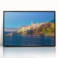 Large abstract wall art of Corsica coastline in mid-century modernist style, acrylic print in black frame.