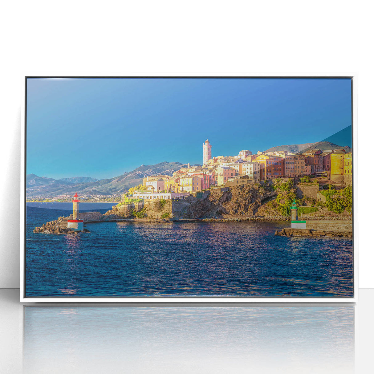 Mid-century modernist art depicting a serene Corsican landscape on a framed acrylic print, with soft earth tones.